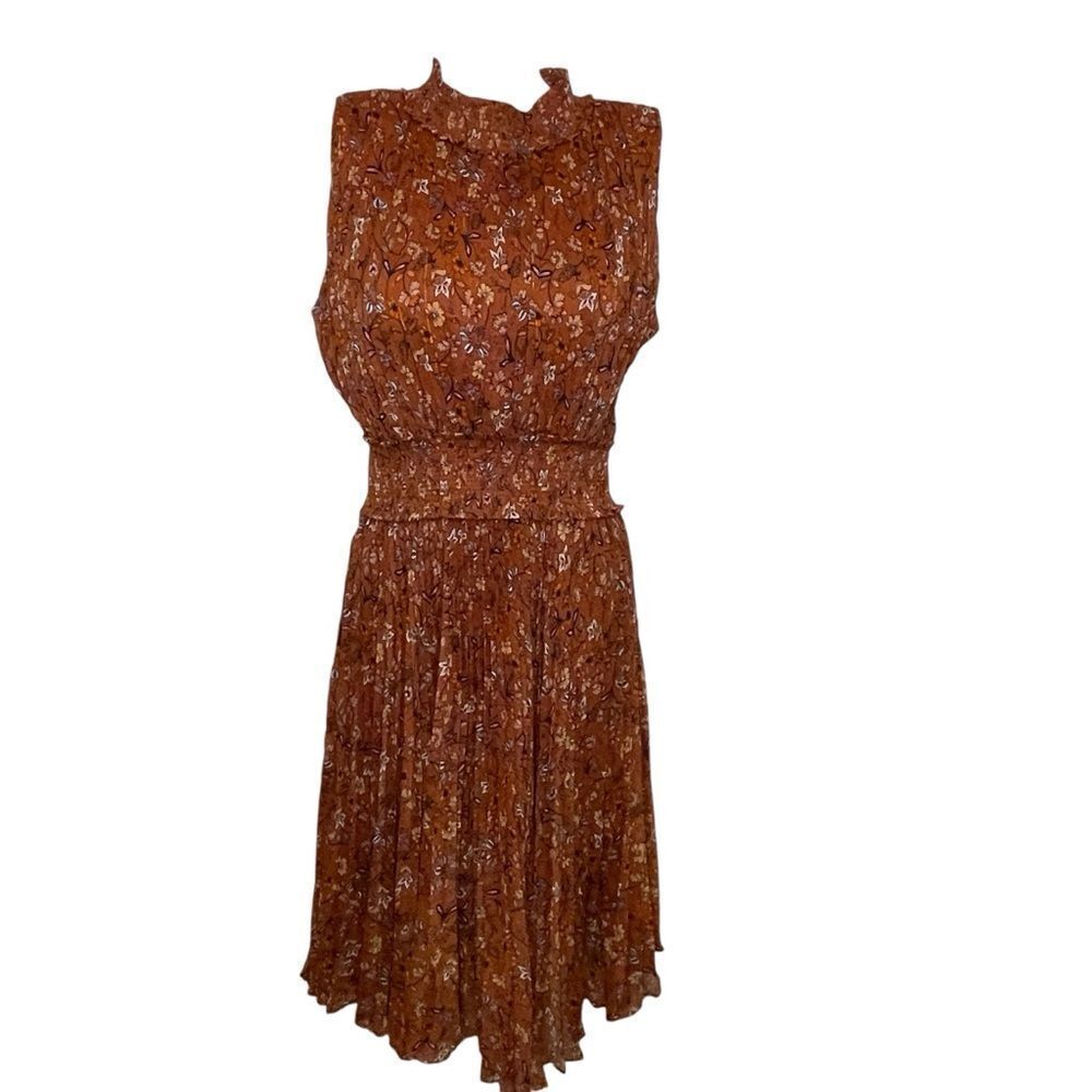 NWT Nanette Lepore Sleeveless Smocked MIDI Accordion Dress Burnt Orange Size 8
